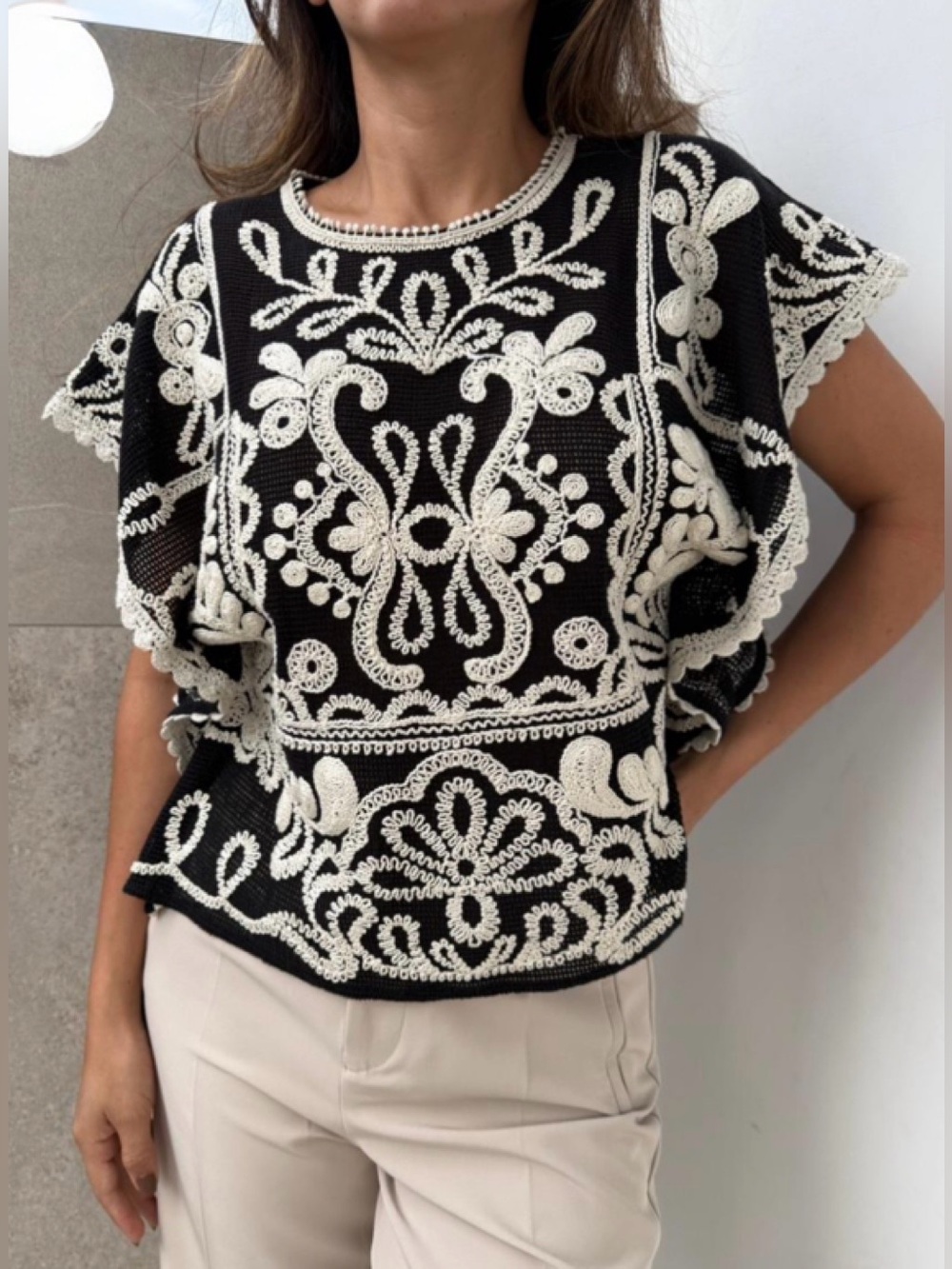 Zara Black Top with Cream Embroidered Crochet Panels